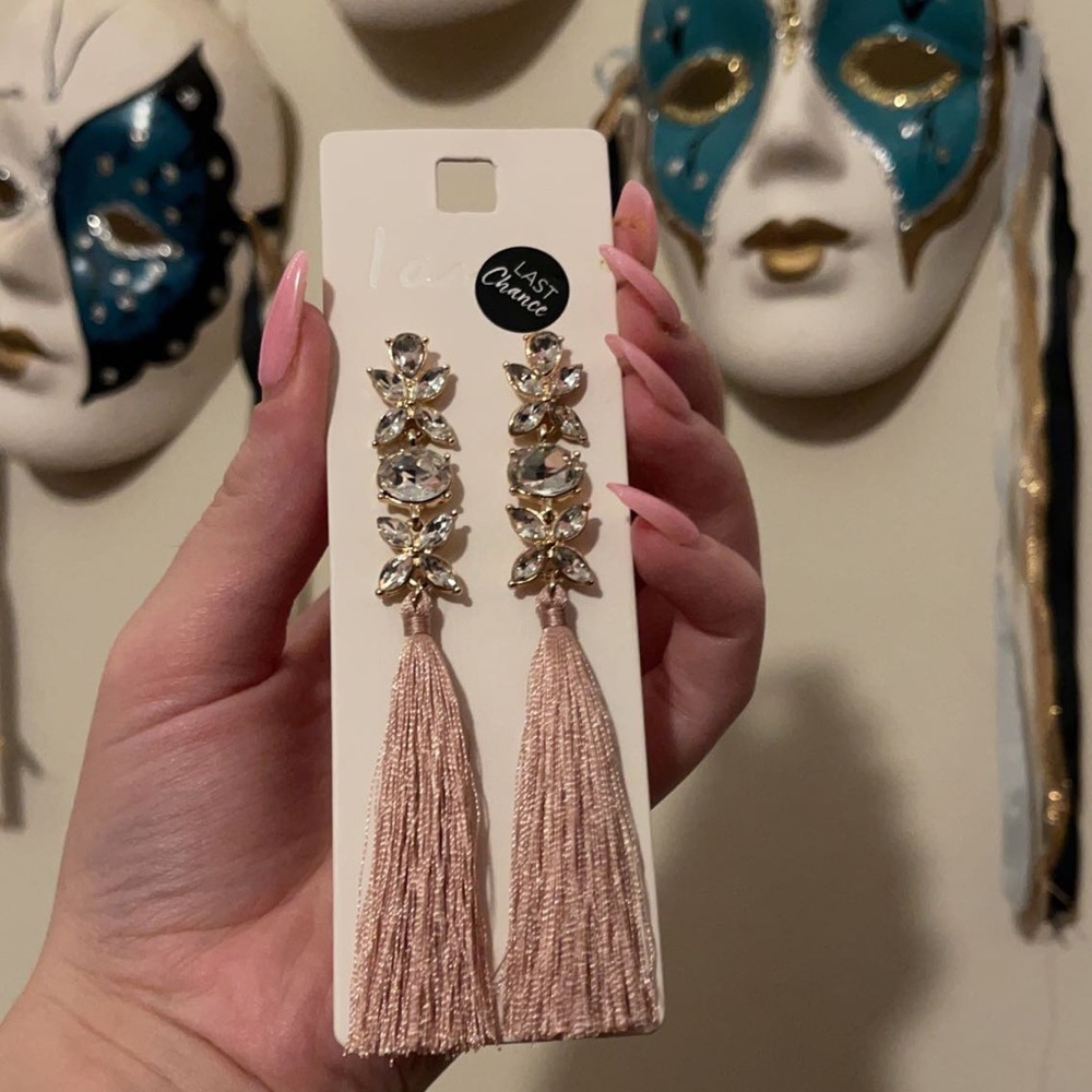 I am Brand. Silver crystals with gold lining and light pink tasseled earrings